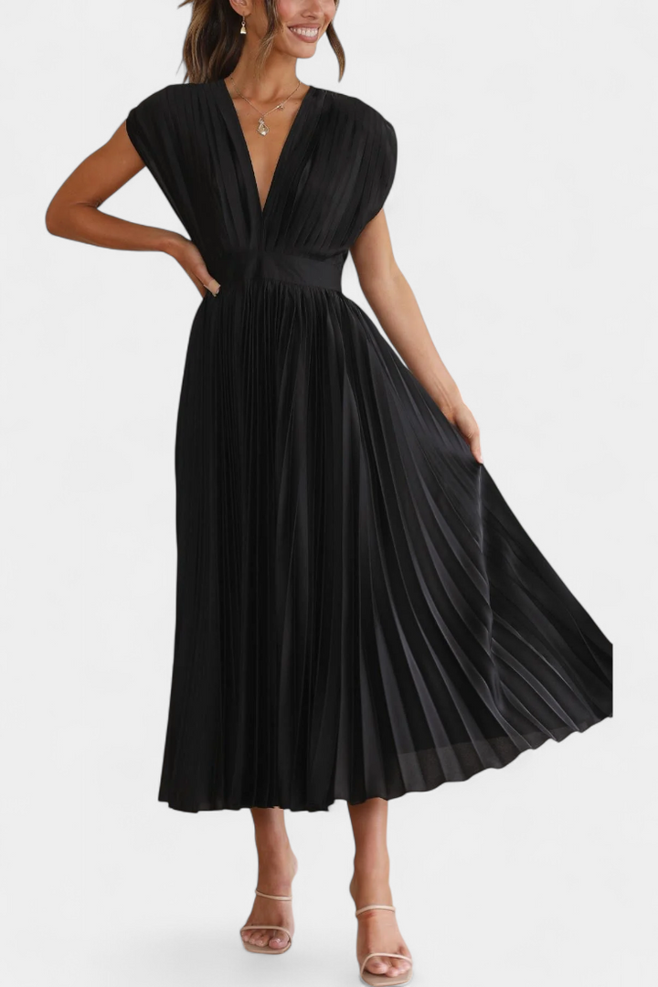 Mireia Vestido de Pliegues con Escote Drapeado y Cintura Alta