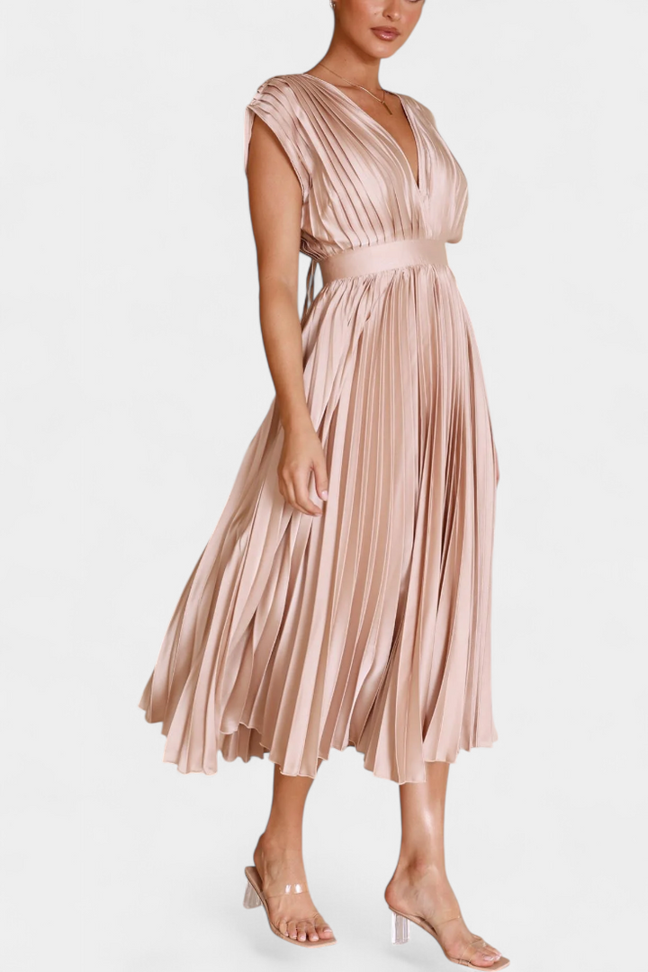 Mireia Vestido de Pliegues con Escote Drapeado y Cintura Alta